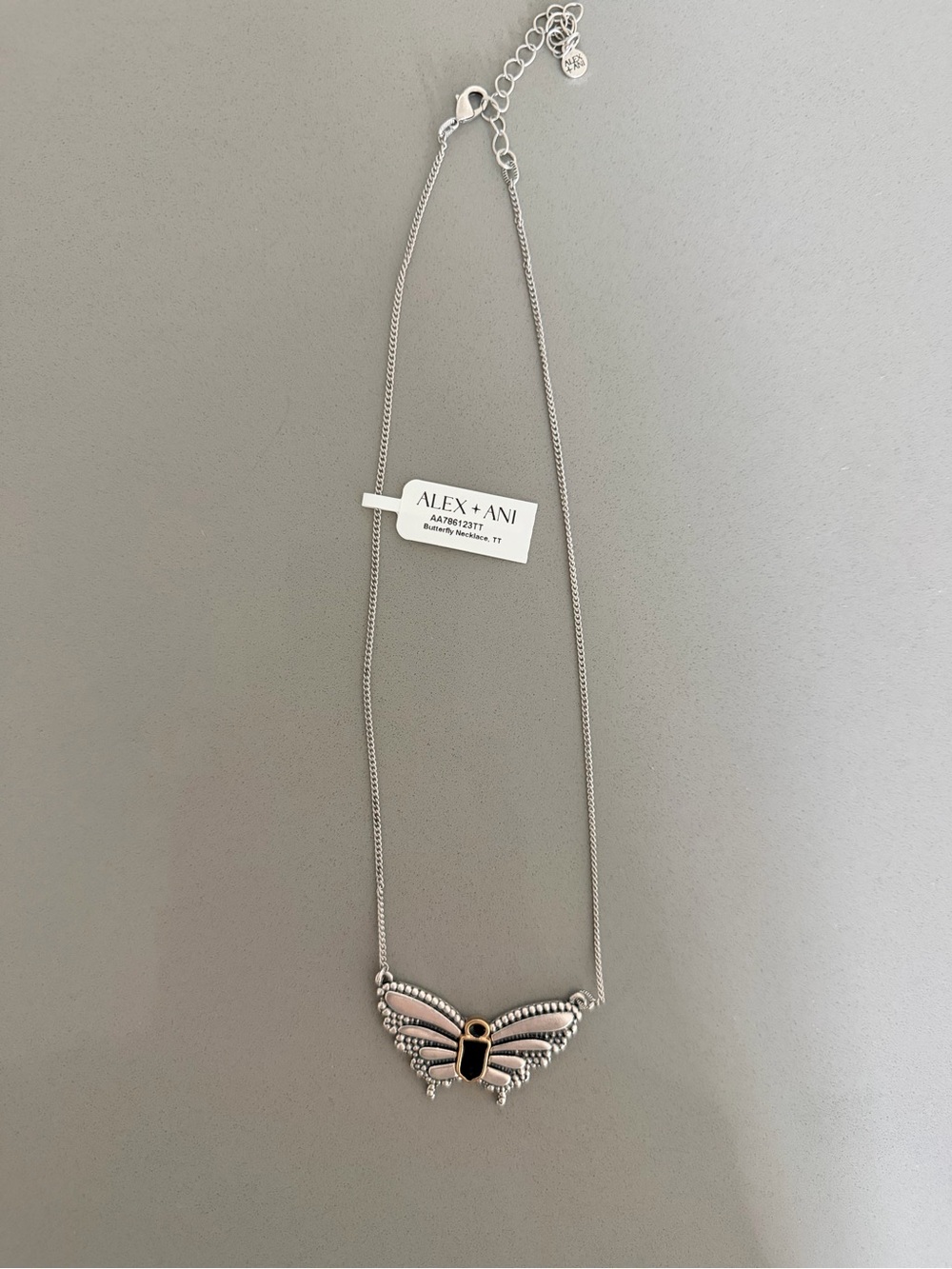 NWT Alex and Ani Silver Butterfly Pendant Necklace with Black Accent